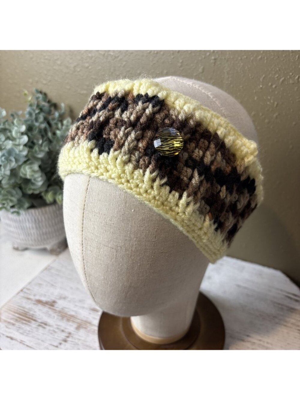 Knitted Handmade Crochet Headband W/button Boho Brown, Black , Light Yellow